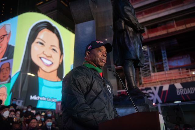 Mayor Eric Adams at a vigil for Michelle Alyssa Go in Times Square.